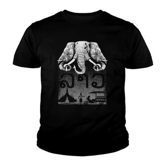 3 Headed Elephant Design Style Original Kingdom Of Laos Flag Youth T-shirt | Mazezy