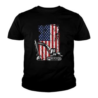 4Th Of July American Flag Construction Backhoe Excavator Youth T-shirt | Mazezy