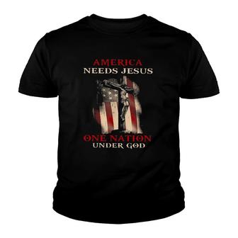 America Needs Jesus One Nation Under God Cross American Flag Vintage Youth T-shirt | Mazezy
