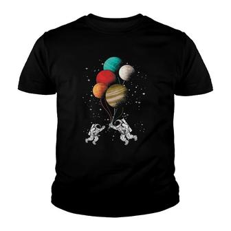 Astronaut Balloon Planets Space Stars Moon Galaxy Spaceship Youth T-shirt | Mazezy