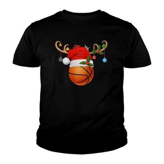Basketball Player Reindeer Santa Hat Basketball Christmas Raglan Baseball Tee Youth T-shirt | Mazezy