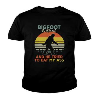 Bigfoot Is Real And He Tried To Eat My Ass Vintage Sunset Shirts Youth T-shirt - Thegiftio UK
