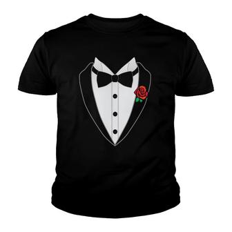 Black And White Tuxedo Bow Tie Red Rose Gift Youth T-shirt | Mazezy