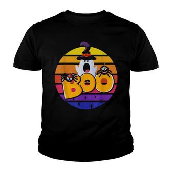 Boo With Cute Spiders And Witch Hat Halloween Sunset Retro Youth T-shirt | Mazezy
