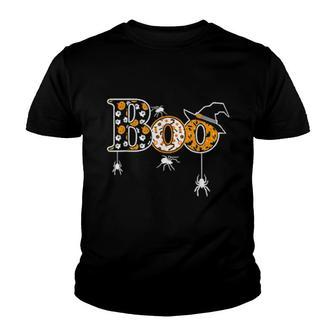 Boo With Spiders And Witch Hat Halloween Youth T-shirt | Mazezy
