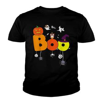 Boo With Spiders And Witch Hat Skull Halloween Costume Youth T-shirt | Mazezy