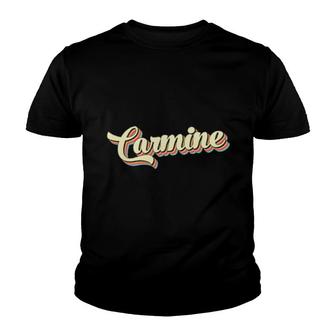 Carmine Retro Art Baseball Font Vintage Youth T-shirt | Mazezy