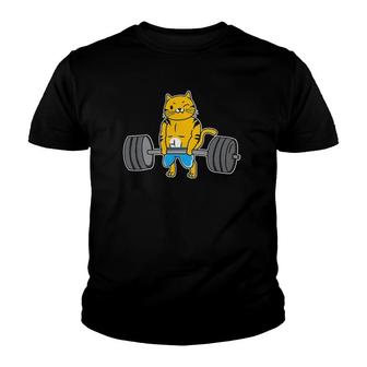 Cat Deadlift Powerlifting Weightlifter Cat Lover Youth T-shirt | Mazezy