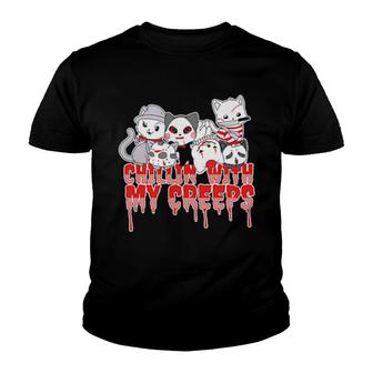 Chillin With My Creeps Cat Horror Serial Killer Halloween Youth T-shirt | Mazezy