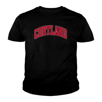 Cortland Varsity Style Red Text Youth T-shirt | Mazezy