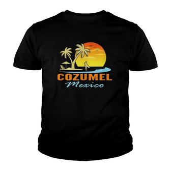 Cozumel Mexico Beach Sunset Palm Trees Ocean Surfer Youth T-shirt | Mazezy