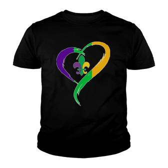 Cute Mardi Gras Heart Funny Fleur De Lis Mardi Gras Striped Youth T-shirt | Mazezy