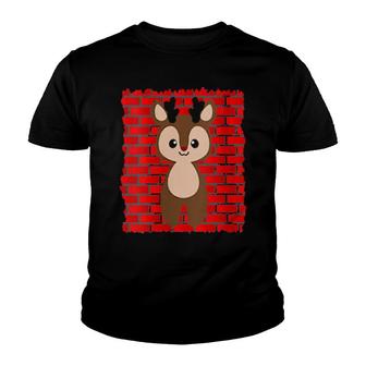 Cute Reindeer Red Brick Wall Background Christmas Holiday Youth T-shirt - Thegiftio UK