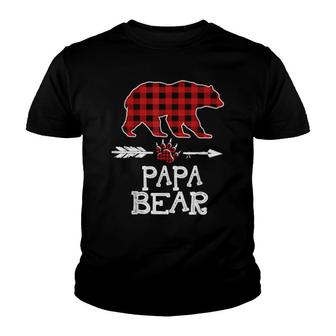 Cutest Dark Red Pleid Xmas Pajama Family Great Papa Bear Youth T-shirt | Mazezy