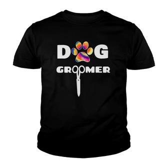 Dog Groomer Tie Dye Paw Print Grooming Scissors Youth T-shirt | Mazezy