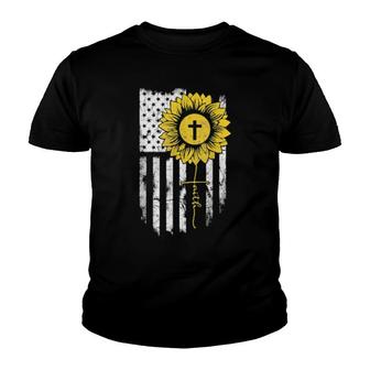Faith Sunflower Cross Jesus Flag American Usa Christian Youth T-shirt | Mazezy