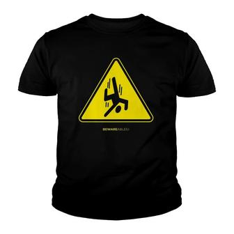 Falling Guy Funny Sign Warning Yellow Triangle Youth T-shirt | Mazezy