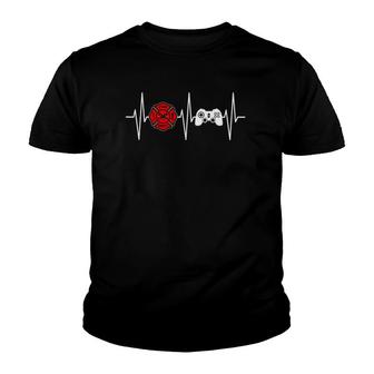 Firefighter Gamer Firefighting Heartbeat Video Gaming Youth T-shirt | Mazezy