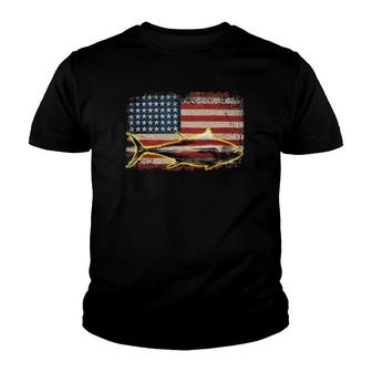 Fishing Gift Yellowfin Tuna 4Th Of July Usa American Flag Youth T-shirt | Mazezy