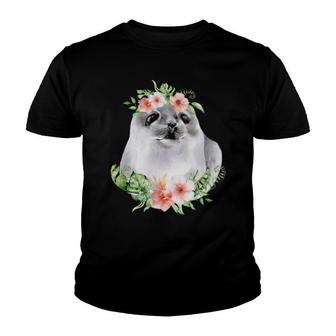 Floral Harp Seal With Tropical Hawaii Flowers Baby Sea Lion Youth T-shirt | Mazezy