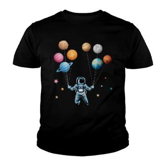 Funny Astronaut Spaceman Flies With Planet Balloons Youth T-shirt - Thegiftio UK