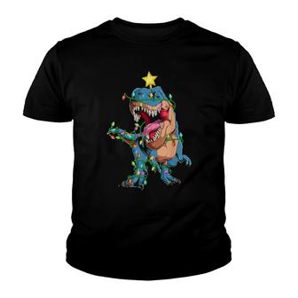 Funny Dinosaur Lighting Xmas Tree Santa Dinosaur Christmas Youth T-shirt | Mazezy