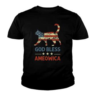 God Bless Ameowica Funny Patriotic Cat 4 July Stars Stripes Youth T-shirt | Mazezy