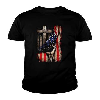 God Jesus Christ Proud Usa Flag Cross Behind American Youth T-shirt | Mazezy