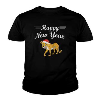Happy New Year Cute Cheetah Santa Hat Funny Pajama Gift Raglan Baseball Tee Youth T-shirt | Mazezy