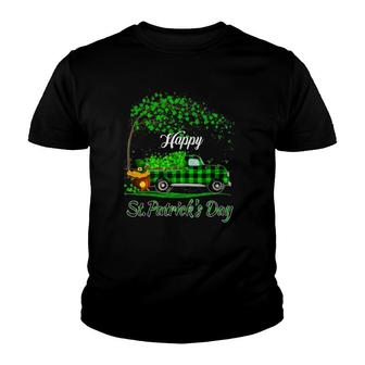 Happy St Patrick's Day Green Truck Buffalo Plaid Shamrock Youth T-shirt | Mazezy