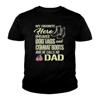 Hero Wears Dog Tags Combat Boots Proud Army Dad Father Gift Youth T-shirt | Mazezy