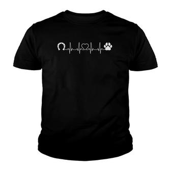 Horseshoe And Cat Dog Paw Print Heartbeat Horse Riding Lover Youth T-shirt | Mazezy