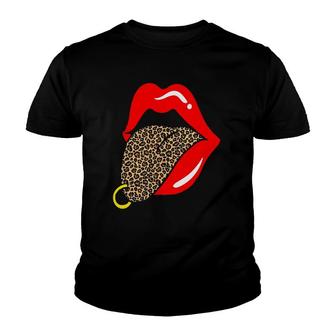 Hot Red Lips Leopard Tongue Golden Piercing Trendy Animal Youth T-shirt | Mazezy