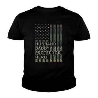 Husband Daddy Protector Hero Father's Day American Flag Youth T-shirt | Mazezy
