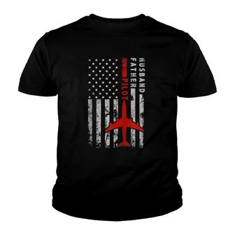 Husband Father Pilot American Flag Fathers Day Papa Gift Zip Youth T-shirt | Mazezy