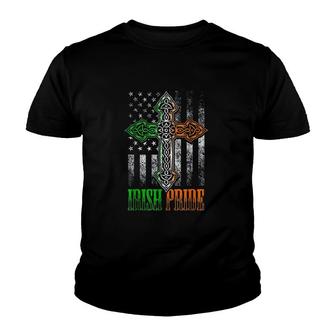 Irish Pride Gift Celtic Cross American Flag Ireland Youth T-shirt | Mazezy