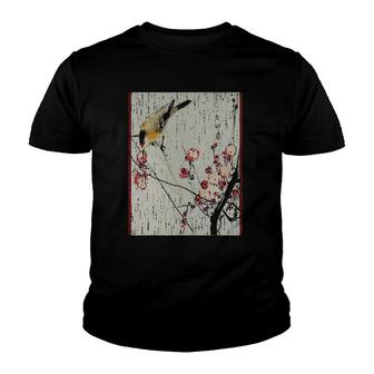 Japanese Cherry Blossom Vintage Graphical Art Woodblock Tee Youth T-shirt | Mazezy