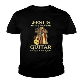 Jesus Is My Savior Guitar Is My Therapy Christian Cross And Guitar Usa Flag In Background Vintage Youth T-shirt | Mazezy