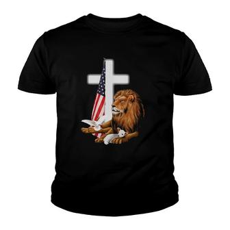 Jesus Lion Usa Flag Religious Picture Patriotic Christian Youth T-shirt | Mazezy