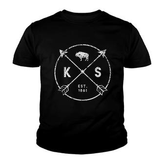 Kansas Adventure Est 1861 Buffalo Arrows Tribal State Youth T-shirt | Mazezy