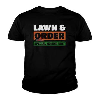 Lawn And Order Special Mowing Unit Humor Parody Lawnmower Youth T-shirt | Mazezy