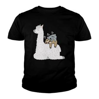 Lazy Sloth Koala Mama & Koala Baby Riding Lazy Llama Alpaca Youth T-shirt | Mazezy