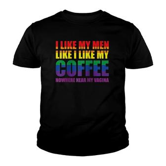 Lgbt I Like My Men How I Like My Coffee Rainbow Wlw Pride Raglan Baseball Tee Youth T-shirt | Mazezy