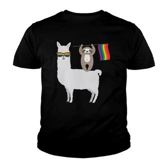 Lgbt Sloth Riding A Llama Gay Pride Lesbian Rainbow Youth T-shirt | Mazezy