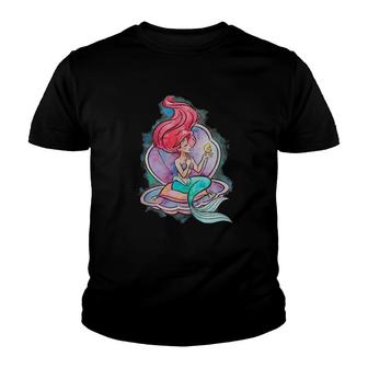 Little Mermaid Ariel Clam Shell Watercolor Portrait Youth T-shirt | Mazezy