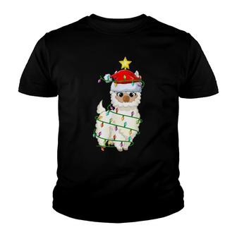 Llama Lighting Xmas Tree Matching Llama Christmas Youth T-shirt | Mazezy