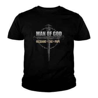 Man Of God Husband Dad Papi Vintage Fathers Day Gift Youth T-shirt | Mazezy