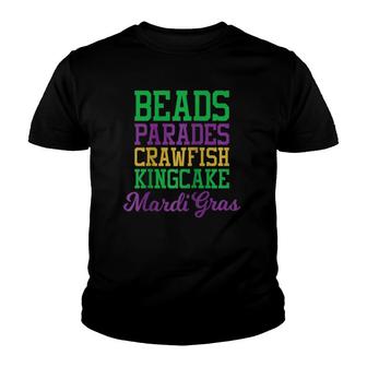 Mardi Gras Beads Parades Crawfish Kingcake New Orleans Party Raglan Baseball Tee Youth T-shirt | Mazezy