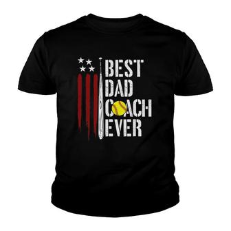 Mens Best Dad Coach Ever American Flag Softball Dad Fathers Day Youth T-shirt | Mazezy