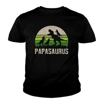Mens Funny Grandpa Of 3 Kids Papasaurus Dinosaur Fathers Day Youth T-shirt | Mazezy